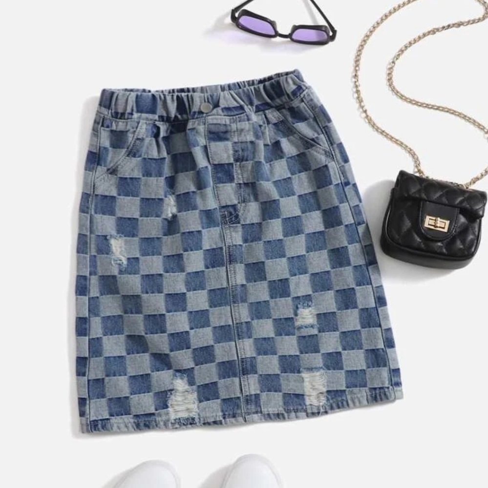 SHEIN Girls Checkered Ripped Denim Skirt NWOT